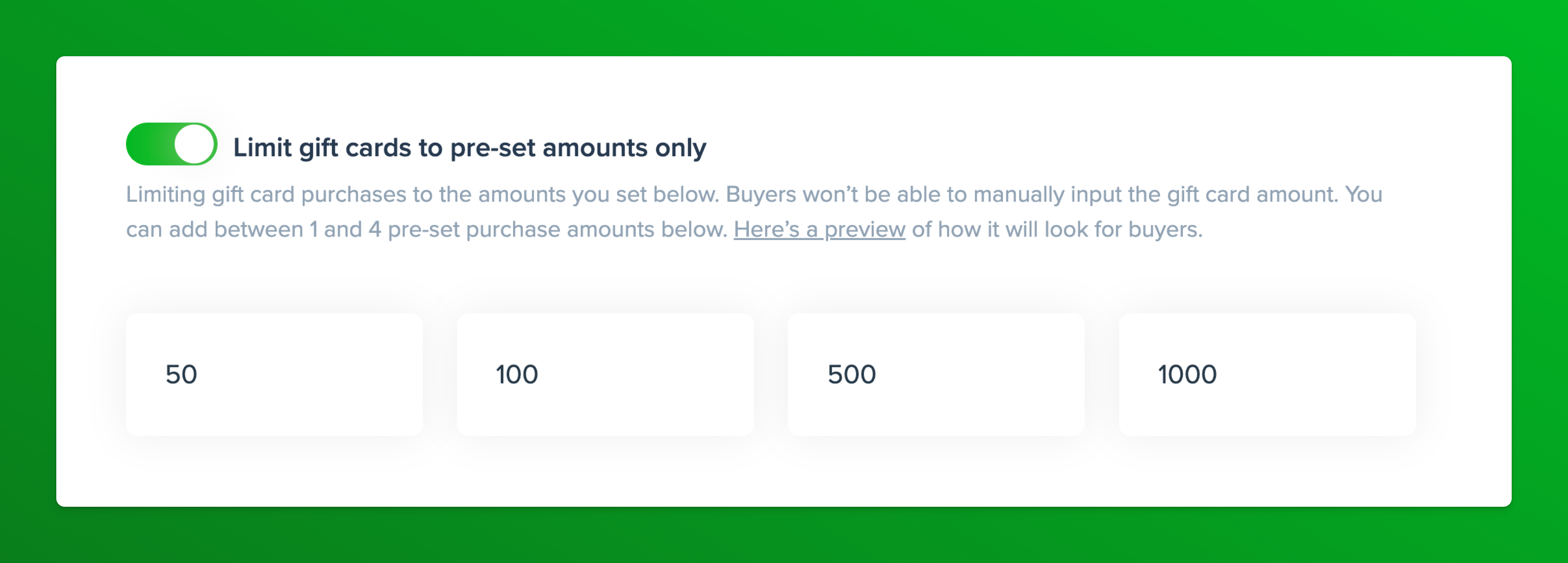 image showing cardivo settings where admins can limit the gift card amounts to up to 4 preset options