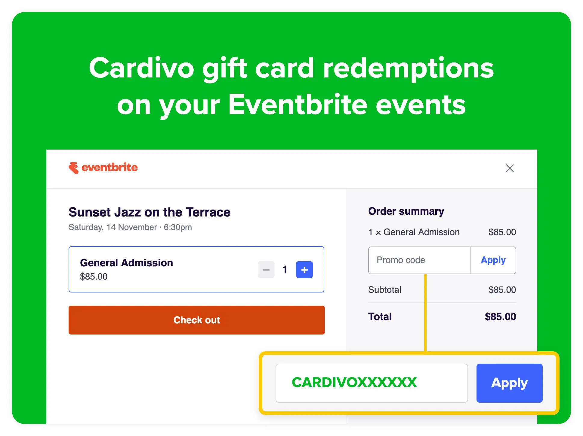 Cardivo gift card number entered in the promo code field at Eventbrite checkout