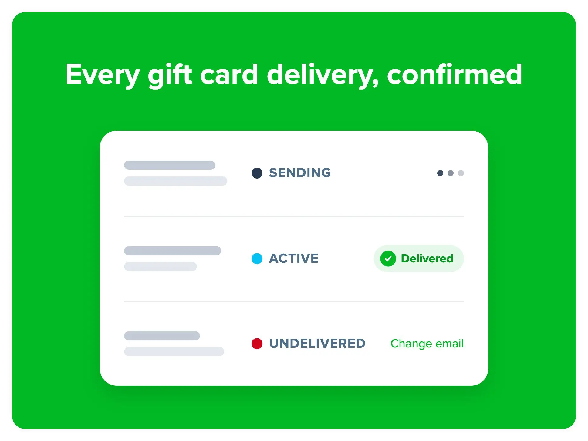 Cardivo gift card statuses: Sending, Active (delivered) and Undelivered